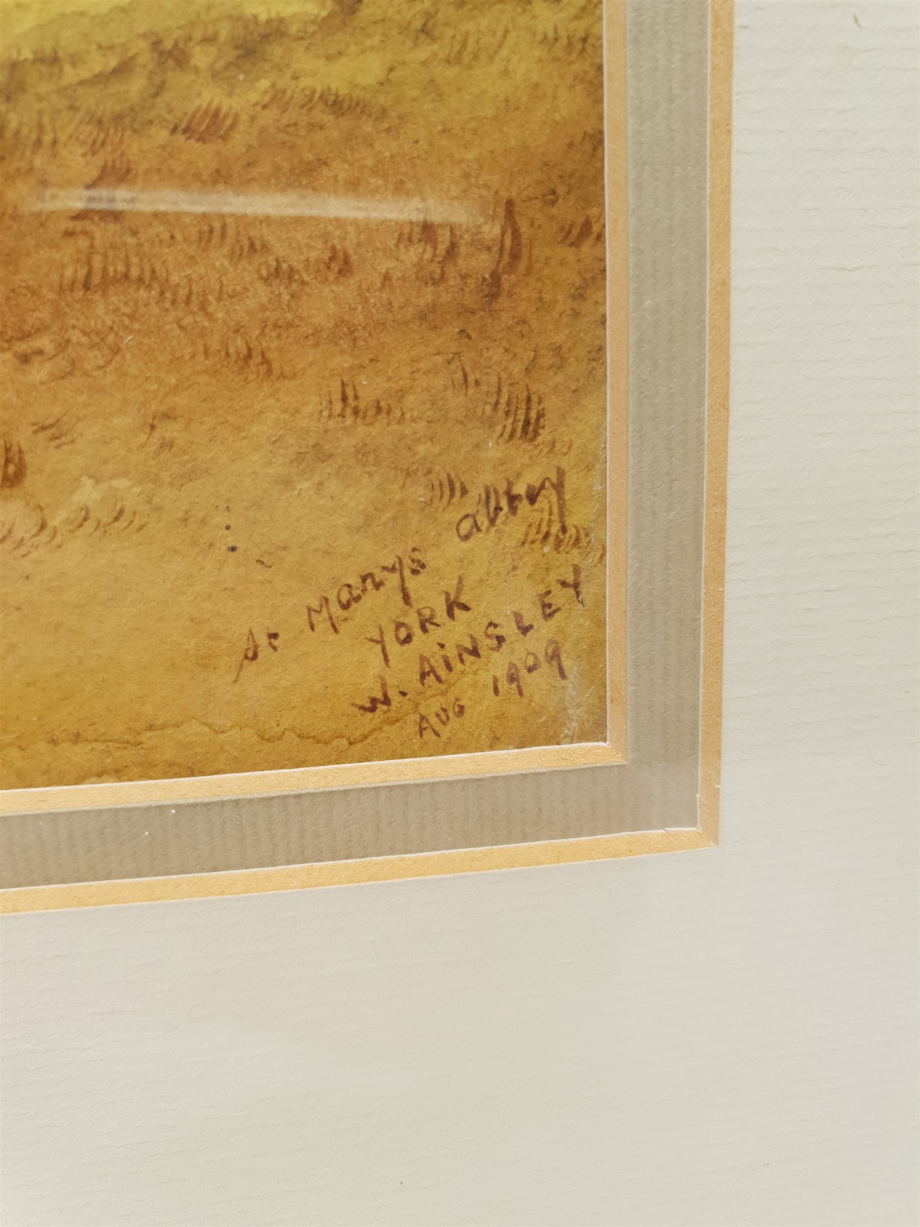 W Ainsley (British early 20th century): 'St Mary's Abbey York', watercolour signed titled and dated August 1909, 35cm x 24cm; together with two reproduction Saxton maps of Yorkshire and Lincolnshire, max 55cm x 74cm (3)