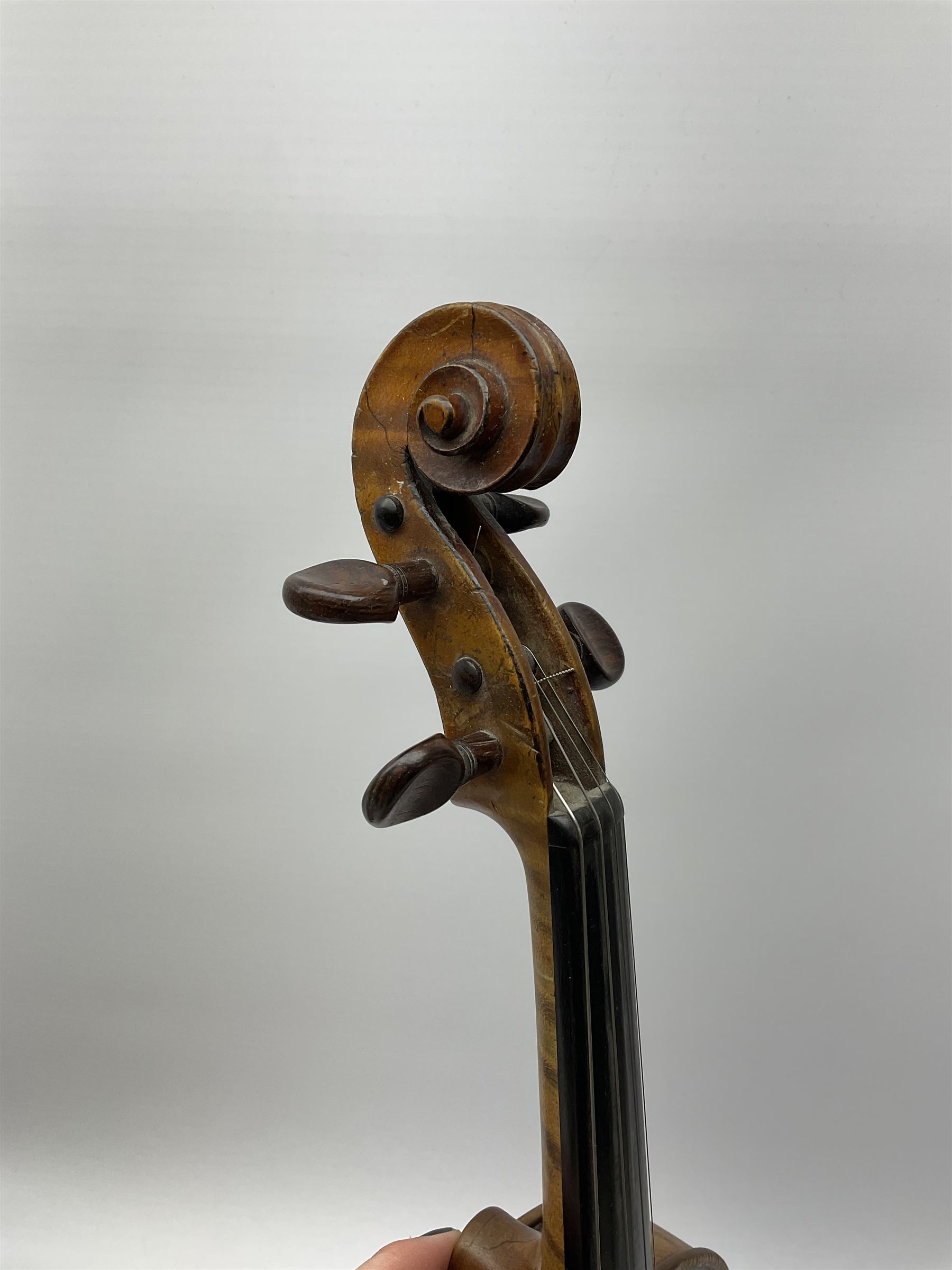 French Mirecourt violin c1920s with 36cm one-piece maple back and ribs and spruce top, labelled Jermone Thibouville-Lamy, L59cm, in fitted carrying case with German bow and 1984 valuation certificate by Frome Valley Music