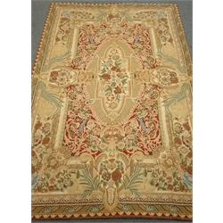  Kasmiri beige ground wool chain hand stitched rug, repeating border, 270cm x 176cm  