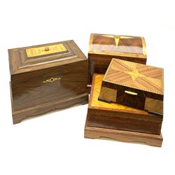 Four modern veneered boxes, with harlequin inlay including mahogany and walnut, largest H23cm.