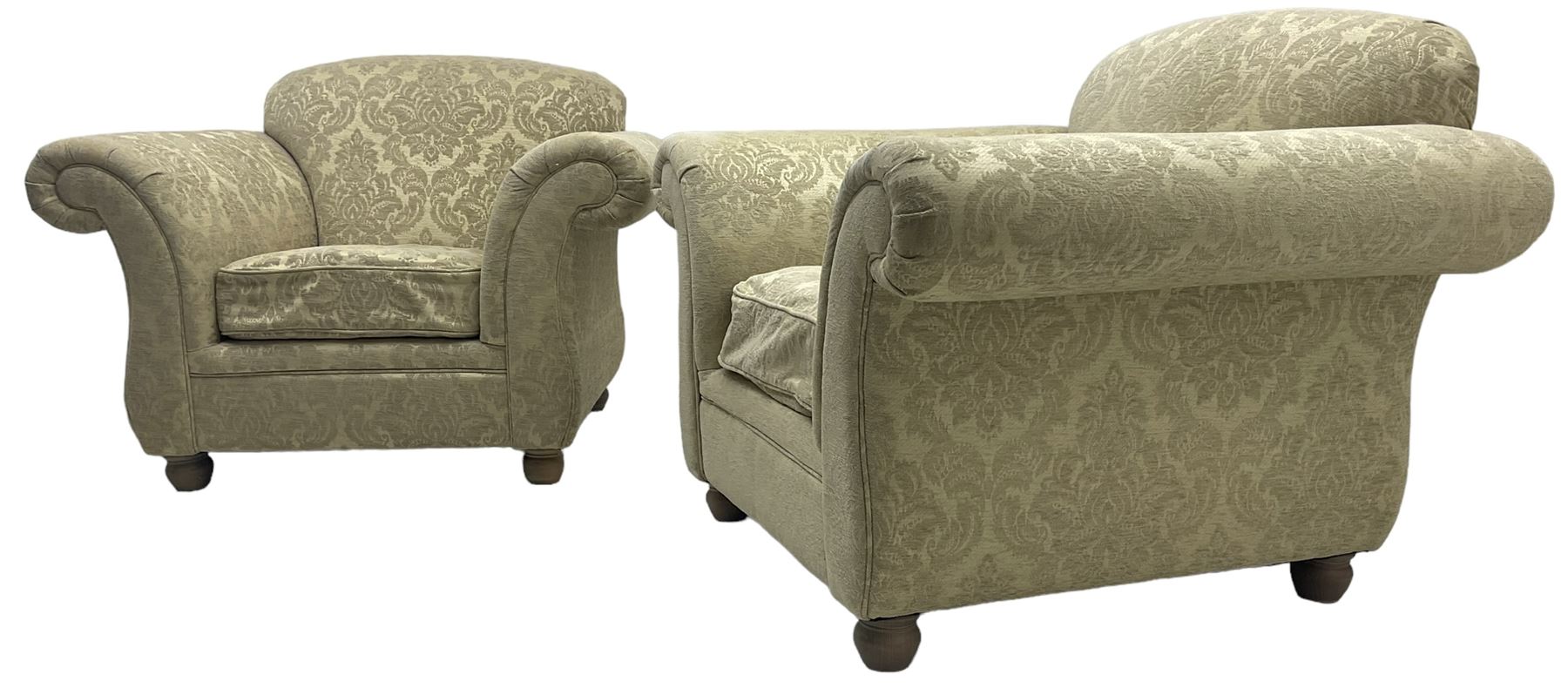 Traditional design three-piece lounge suite - three-seat sofa (W220cm, H90cm, D90cm); two armchairs (W115cm); and two footstools (77cm x 43cm, H31cm); upholstered in cream damask fabric