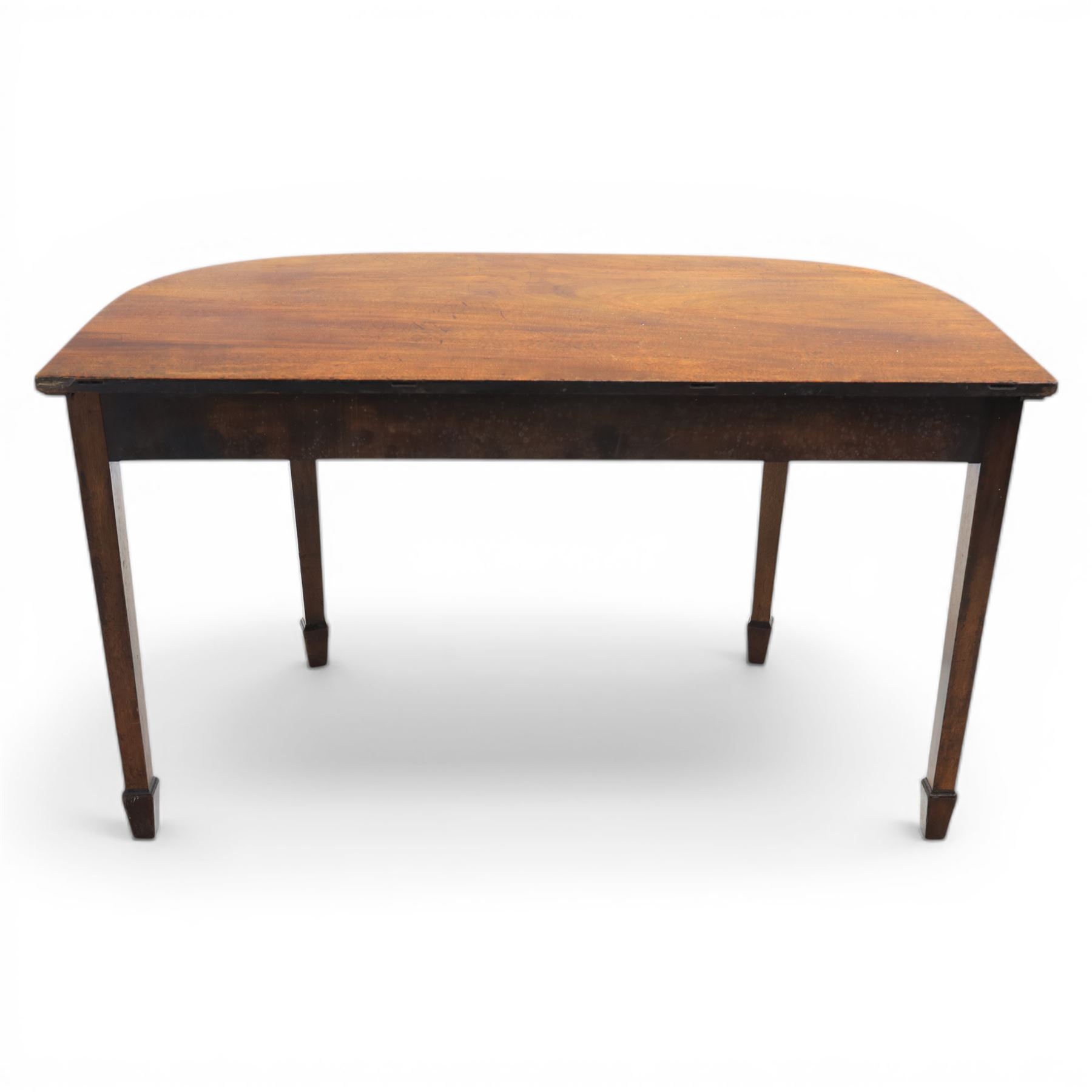 Late Georgian mahogany console side table, D-shaped top with reeded edge, above an inlaid frieze on square tapering supports with spade feet