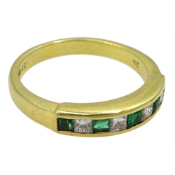18ct gold princess cut emerald and diamond half eternity ring, London 1989