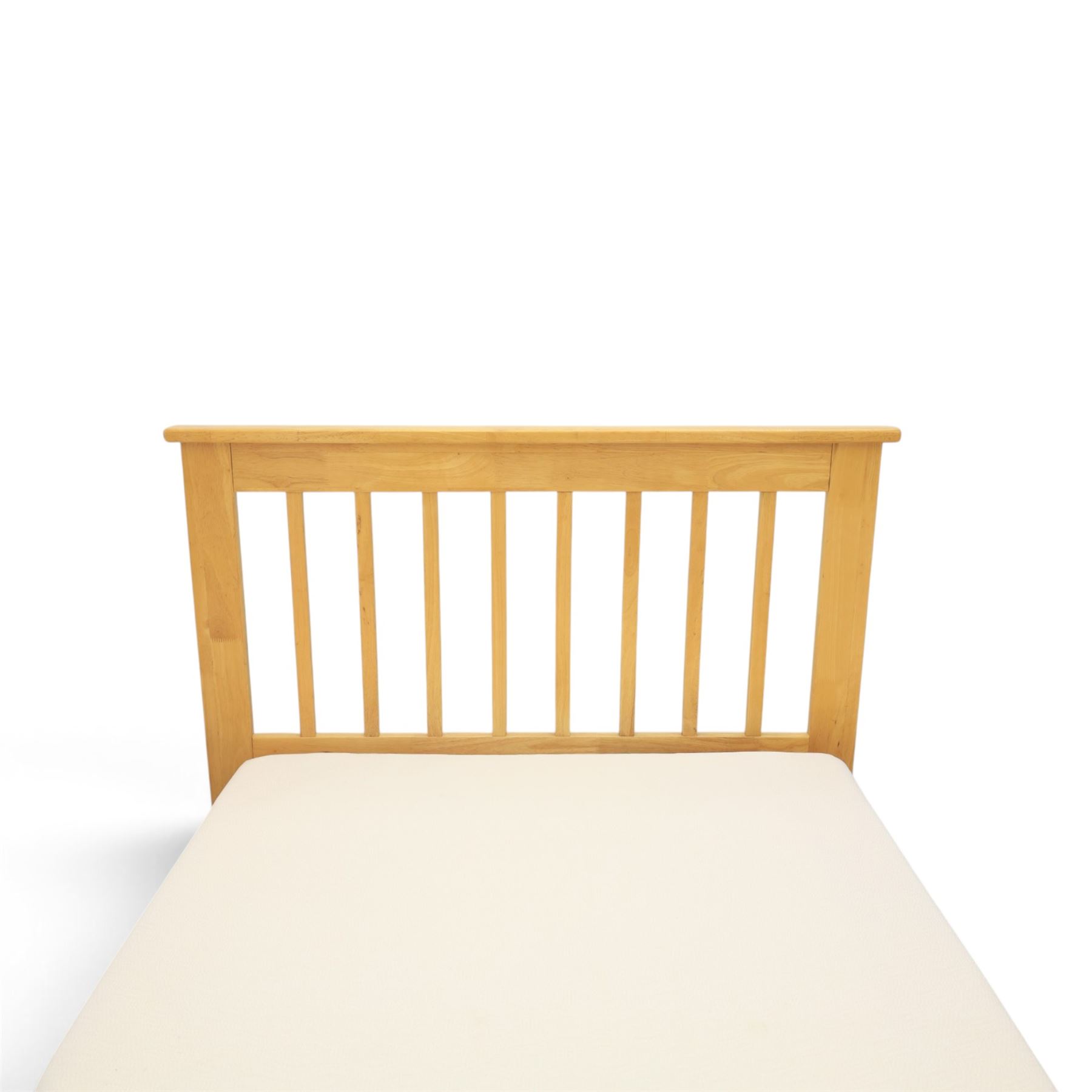 Contemporary light oak trundle bed, slatted headboard and footboard,  incorporating pull-out trundle bed on castors, complete with two memory foam mattresses