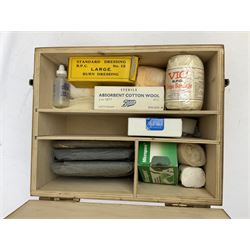 Victorian walnut box with Tunbridge ware banding and mother-of-pearl inlay, W29.5cm H14cm, together with first aid kit box and Group of early 20th century ornate gold plated (tested) and gilt brooch frames and panel fronts