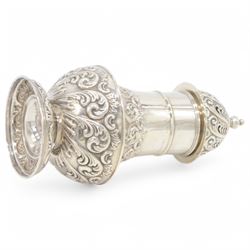 Late Victorian silver sugar caster, of typical waisted form, with embossed scrolling and foliate decoration and urn finial to removable pierced cover, upon circular foot, hallmarked Fenton Brothers, Sheffield 1895, H19cm