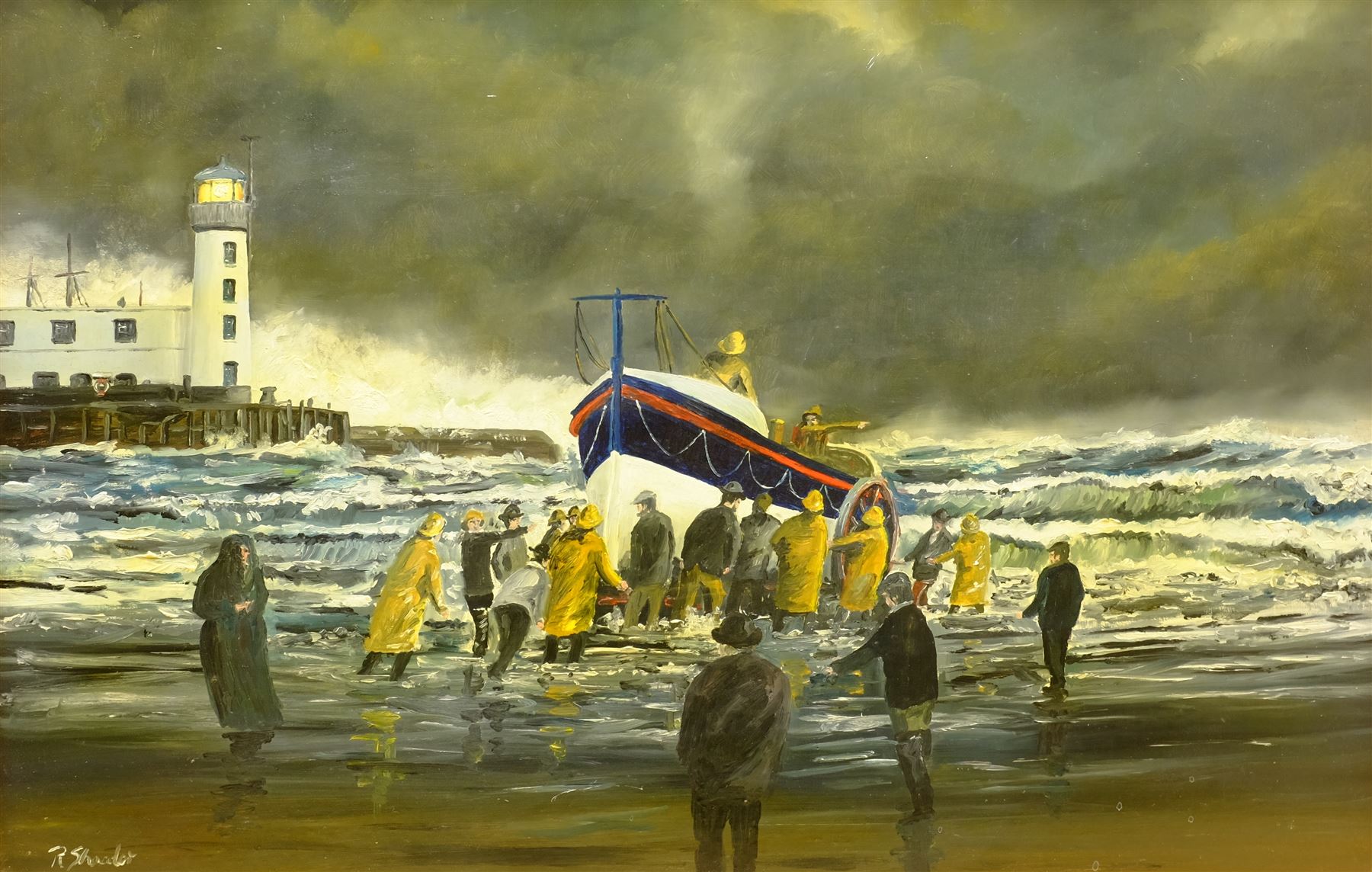 Robert Sheader (British 20th century): Return of the Scarborough Lifeboat, oil on board signed 38cm x 58cm