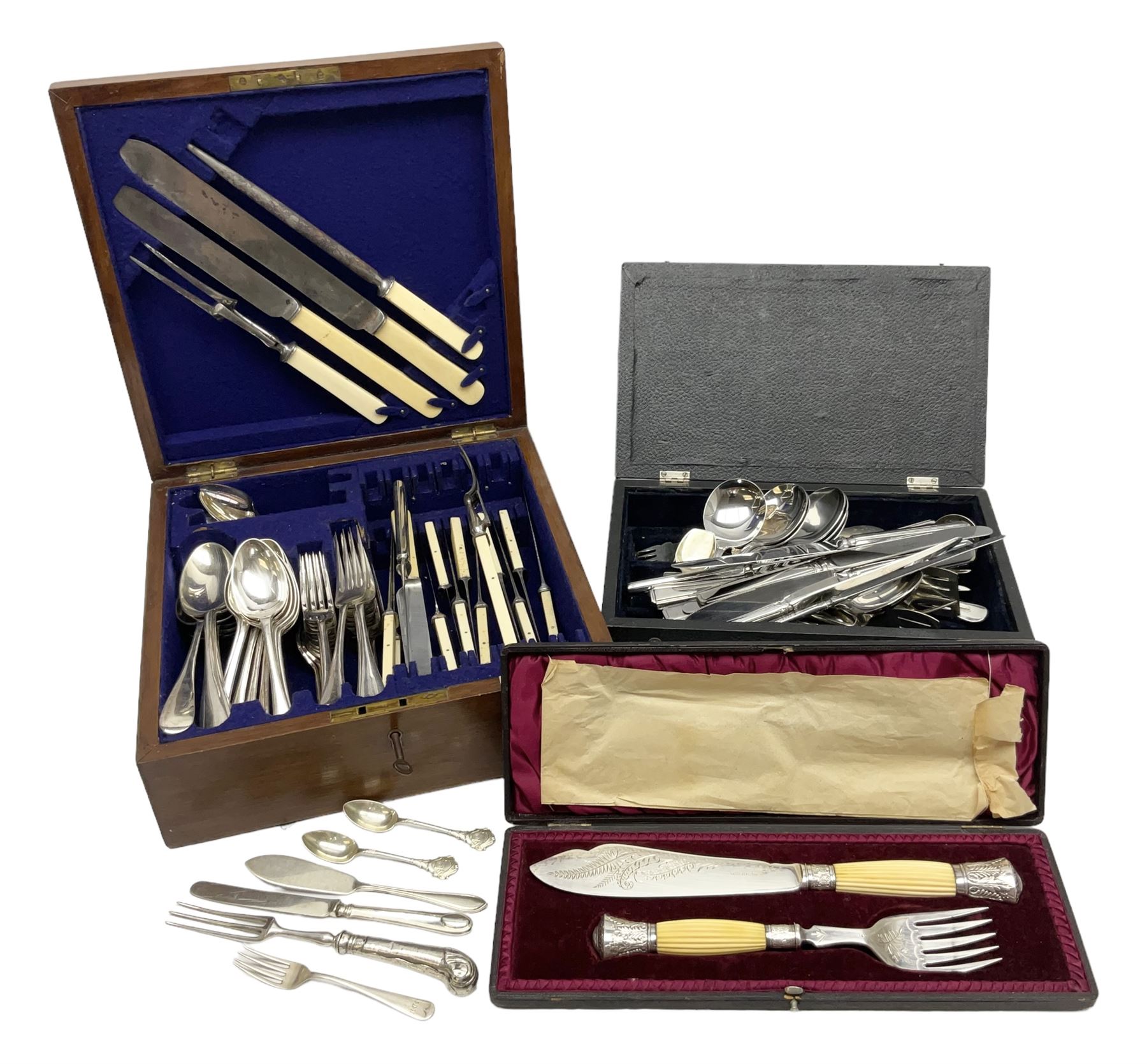 Walker & Hall silver-plate part canteen of cutlery, together with hallmarked silver cutlery comprising pair of Robert Pringle & Sons teaspoons, fork and butter knife, and silver handled knife and fork, cased set of Walker & Hall fish servers with simulated bone handles, and quantity of silver-plate and other cutlery