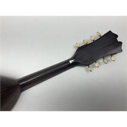 French mandolin with segmented lute back and mother-of-pearl inlaid spruce top; bears label for 'Jerome Thibouville-Lamy & Cie Paris L60cm; and another unmarked flat-back mandolin; both for completion (2)