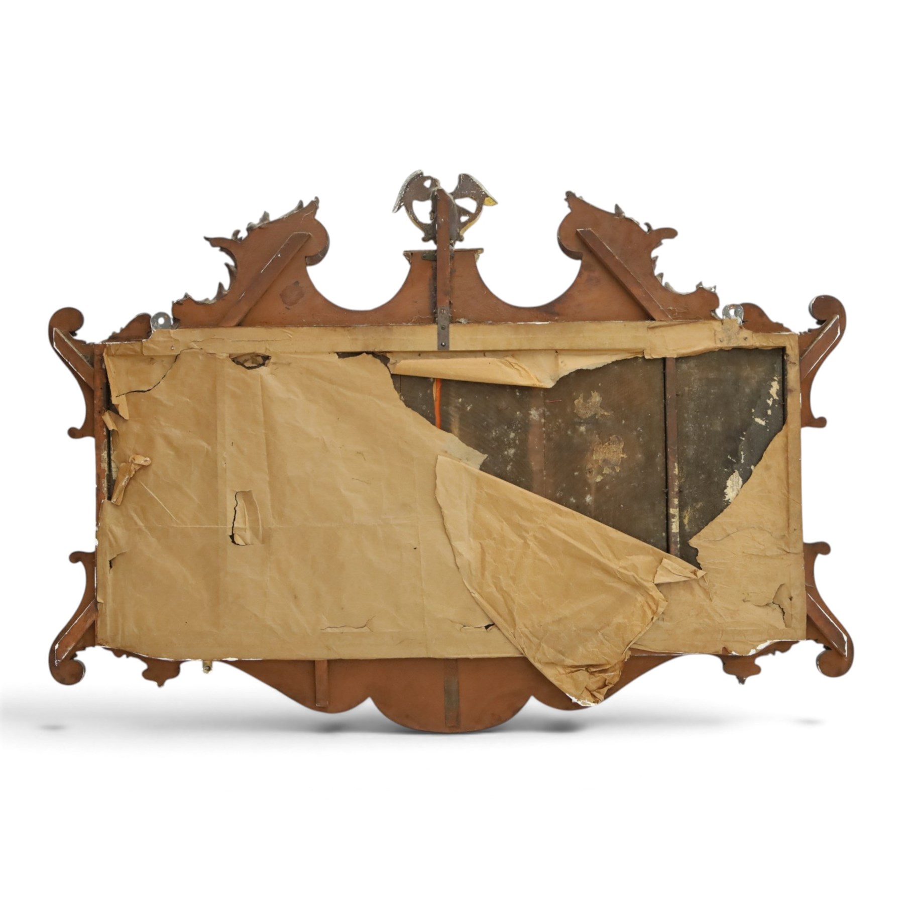 George III Chippendale design mahogany and parcel-gilt tripartite fret mirror with Hoho bird pediment