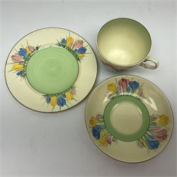 Clarice Cliff trio and plate in Spring Crocus pattern, all with printed mark beneath, plate D25cm 