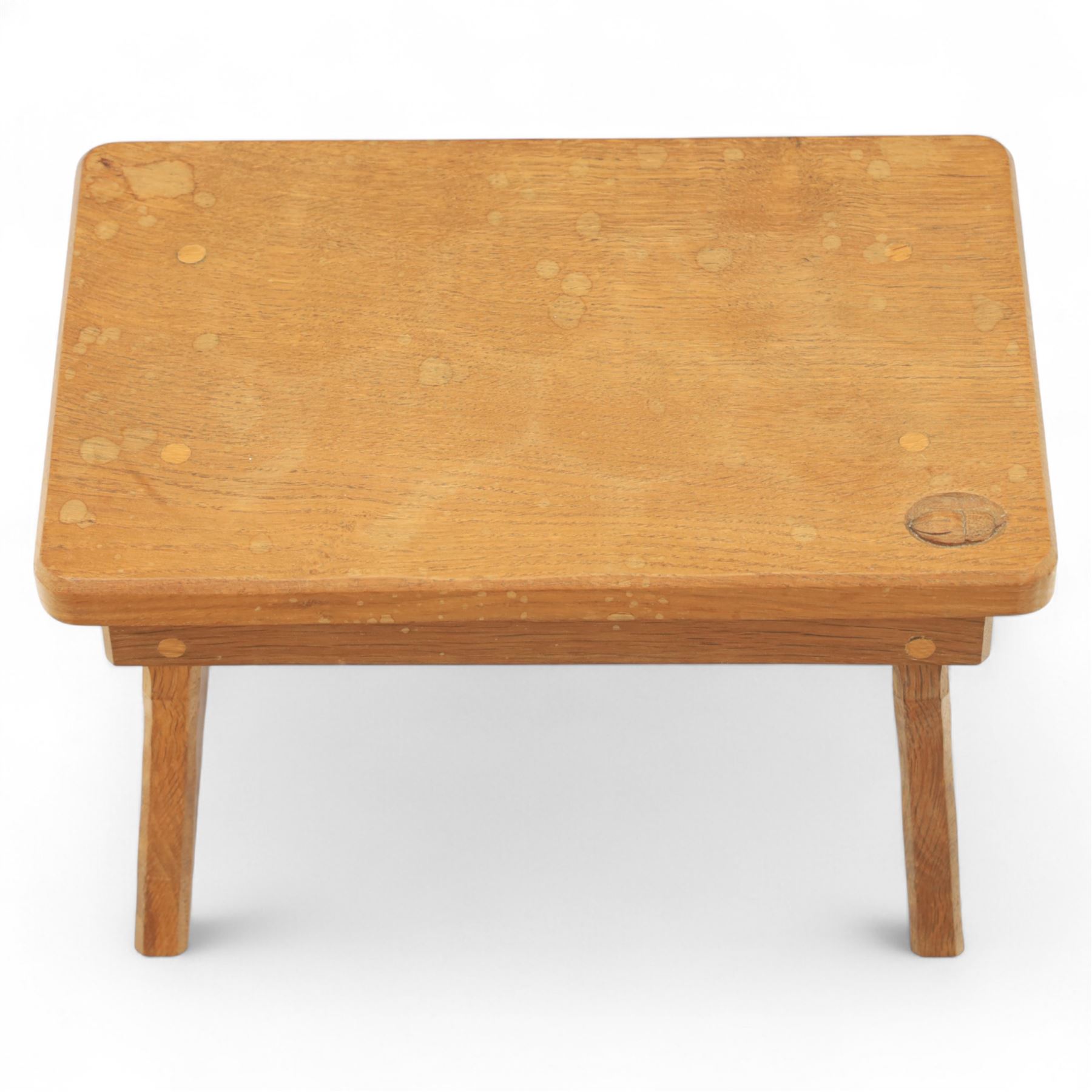 Acornman - adzed oak occasional table, rectangular top with exposed pegged joints and chamfered edges, raised on square chamfered legs, with signature carved acorn, by the workshop of Alan Grainger, Brandsby