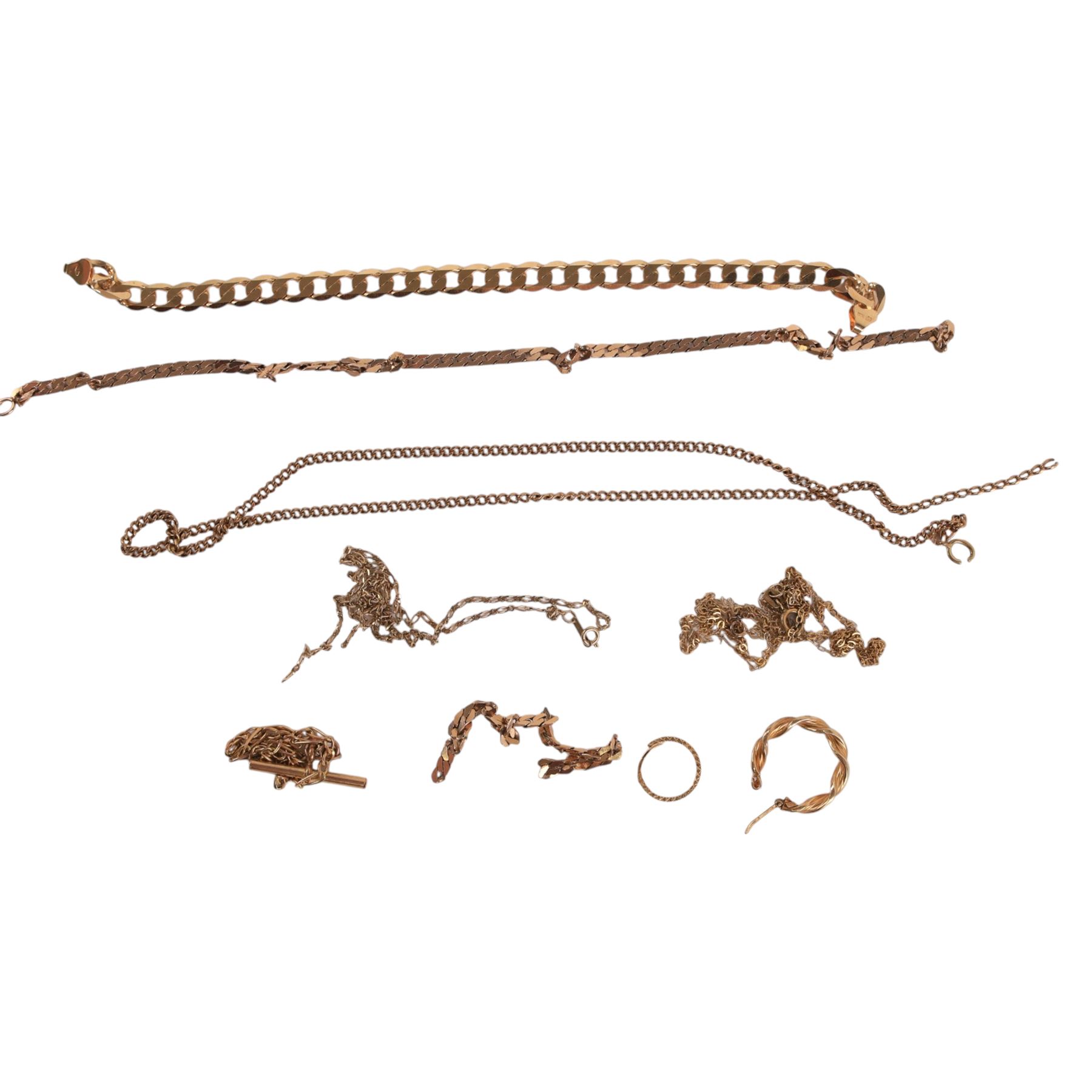 9ct gold jewellery and oddments, comprising chains, bracelets and single earrings