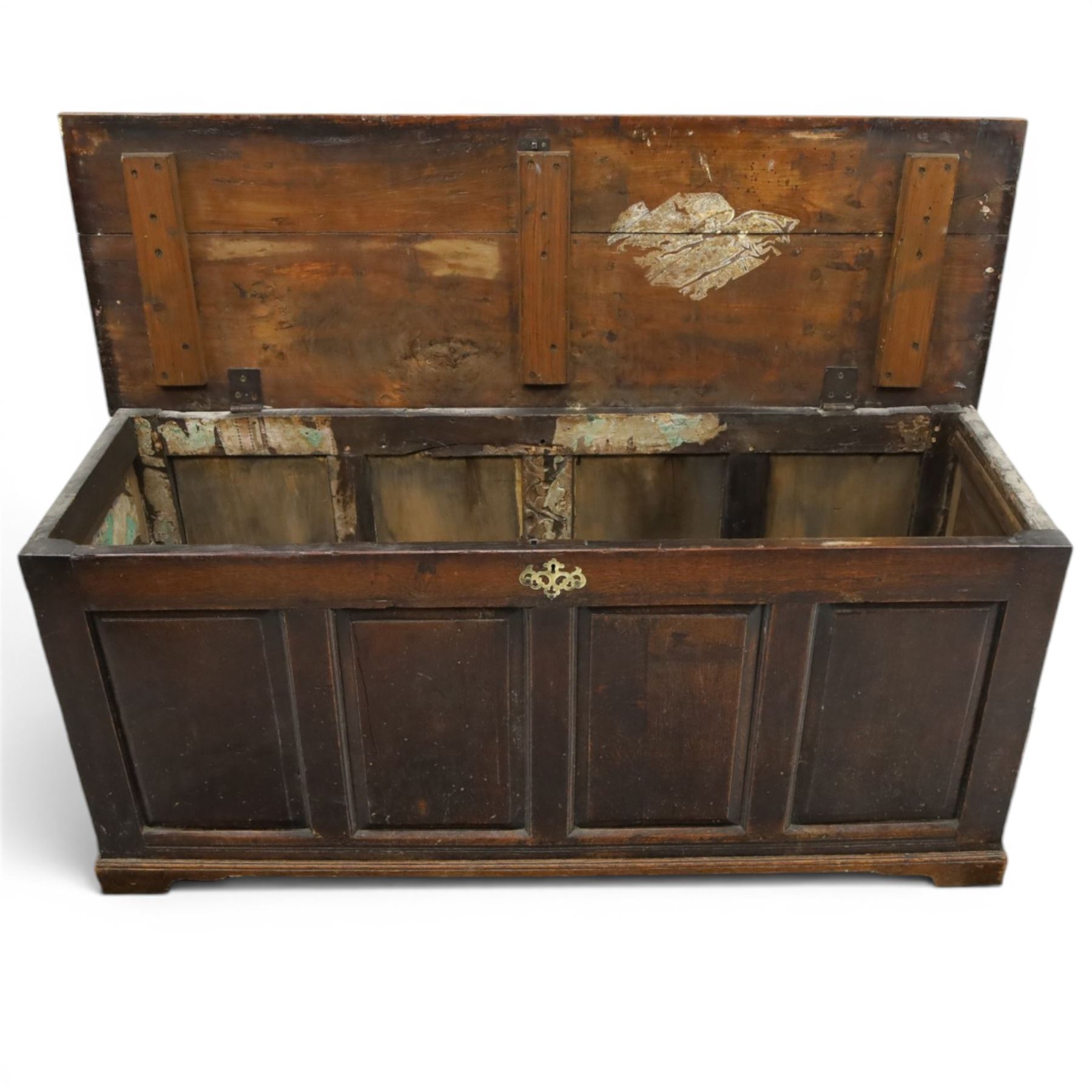 18th century oak coffer, rectangular top with moulded top, four fielded panel front, raised on a moulded plinth base