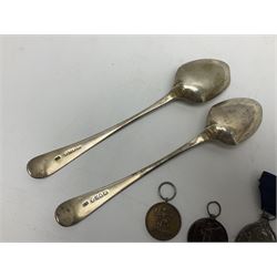 Two silver Georgian tablespoons, approximate total weight 3.36 ozt (104.7 grams), together with Great War Peace Medal 1919 and two others 