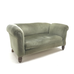  Early 20th century two seat drop arm sofa, upholstered in a light green fabric, turned supports, W153cm  