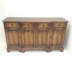 Reproduction Bevan Funnell mahogany breakfront sideboard, fitted with four drawers, above four cupboards, shaped plinth base, W153cm, H87cm, D44cm