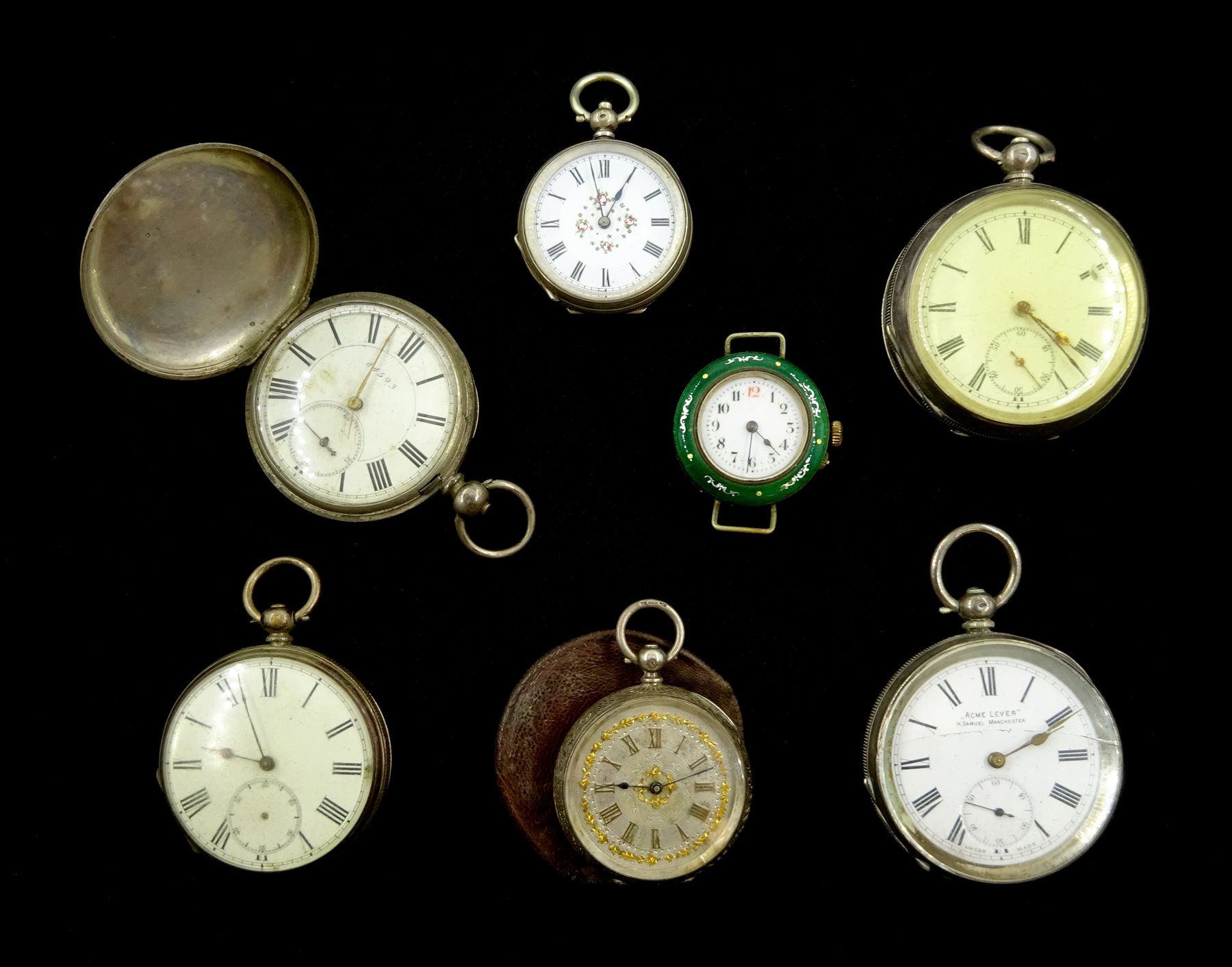 Five early 20th century Swiss and English pocket watches, one other metal pocket watch and a Swiss enamel wristwatch (7)