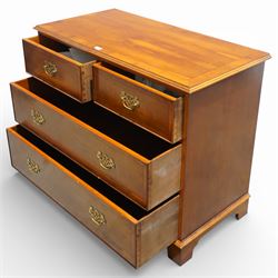 Late 20th century pair of yew wood chests of drawers, each with rectangular tops above two short over two long drawers, cockbeaded drawer fronts fitted with brass swan neck handles, raised on bracket feet