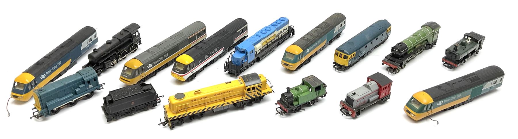 'OO' gauge - fourteen assorted playworn locomotives by Hornby, Tri-Ang, Lima etc, including 4-6-2 Flying Scotsman (lacking tender),  shunting locomotive, tank and diesel locomotives etc