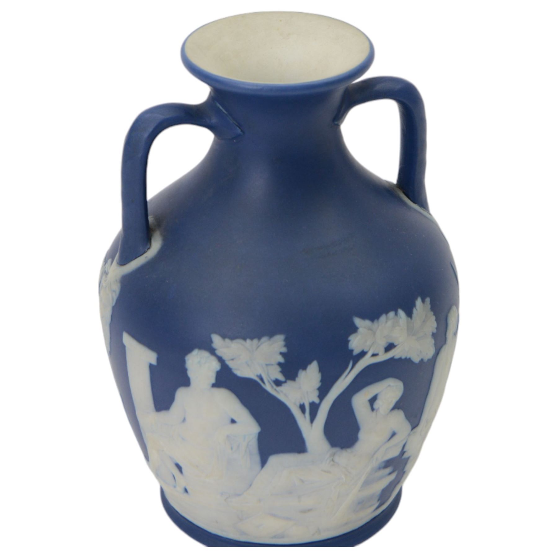 Wedgwood dark blue Jasperware Portland twin handled vase, decorated with classical figures, H21cm
