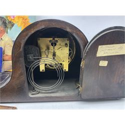 Mid 20th century cigarette box in the form of a gondola, the faux tortoiseshell with mother of pearl inlay (a/f), cased mantel clock with silvered numerical dial, oak lidded tea jar caddy, oak box, silver-plate cutlery, quantity of records, Smith's empire miniature clock, stamps etc