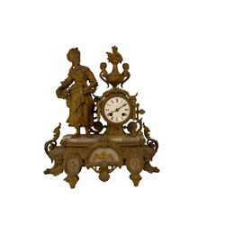 French - 19th century Spelter and Alabaster 8-day mantle clock, on a raised base with a figure of a lady in 18th century costume, enamel dial with Roman numerals and steel moon hands, striking the hours on a bell. 