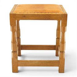 Mouseman - oak dressing table stool, the rectangular tan leather padded seat with studwork...