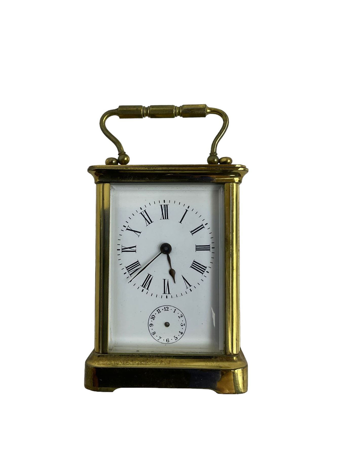 French - 19th century 8-day carriage clock with alarm, corniche case with an enamel dial, Roman numerals, minute markers and alarm setting disc, with a cylinder platform escapement, sounding the alarm on a bell. With key.