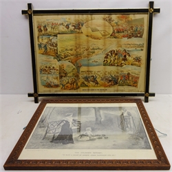 'British War Scenes in the Sudan 1885' colour print by G W Bacon & Co. 127 Strand, London, in ebonised Oxford frame, 51cm x 74cm and 'The Soldier's Return' monochrome print after Cress. Woollett, in carved oak frame. 44cm x 58cm (2)  