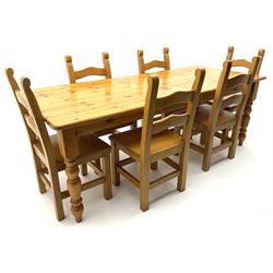 Polished pine rectangular dining table on turned supports (213cm x 90cm, H77cm), and set six beech farmhouse style dining chairs 