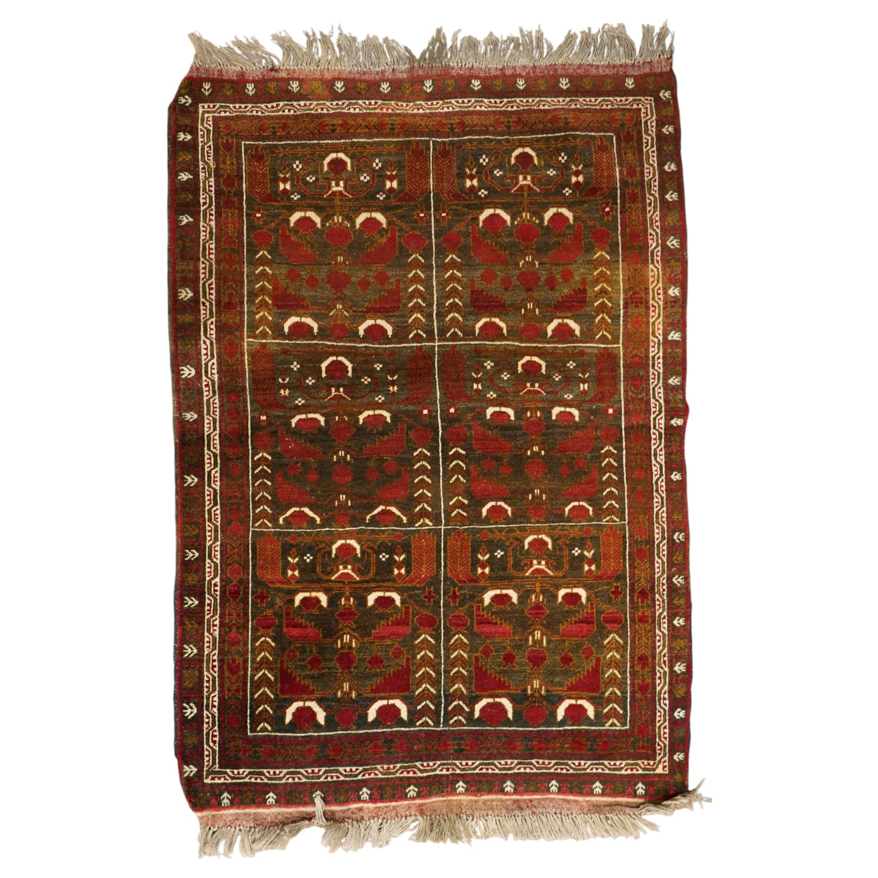 Baluchi hand-knotted prayer rug, dark brown ground divided into six panels decorated with stylised tree-of-life and flowering motifs in madder red and ivory, enclosed by multiple narrow geometric borders, with fringed ends