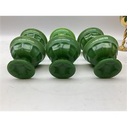 Set of six Art Deco style green glass sundae dishes, H9cm along with set of six Bohemian style glasses with twisted gilt stems