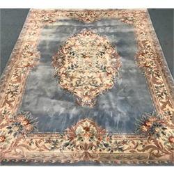  Large Chinese washed woollen blue ground rug, central medallion and overall floral design, 366cm x 280cm mao1407  