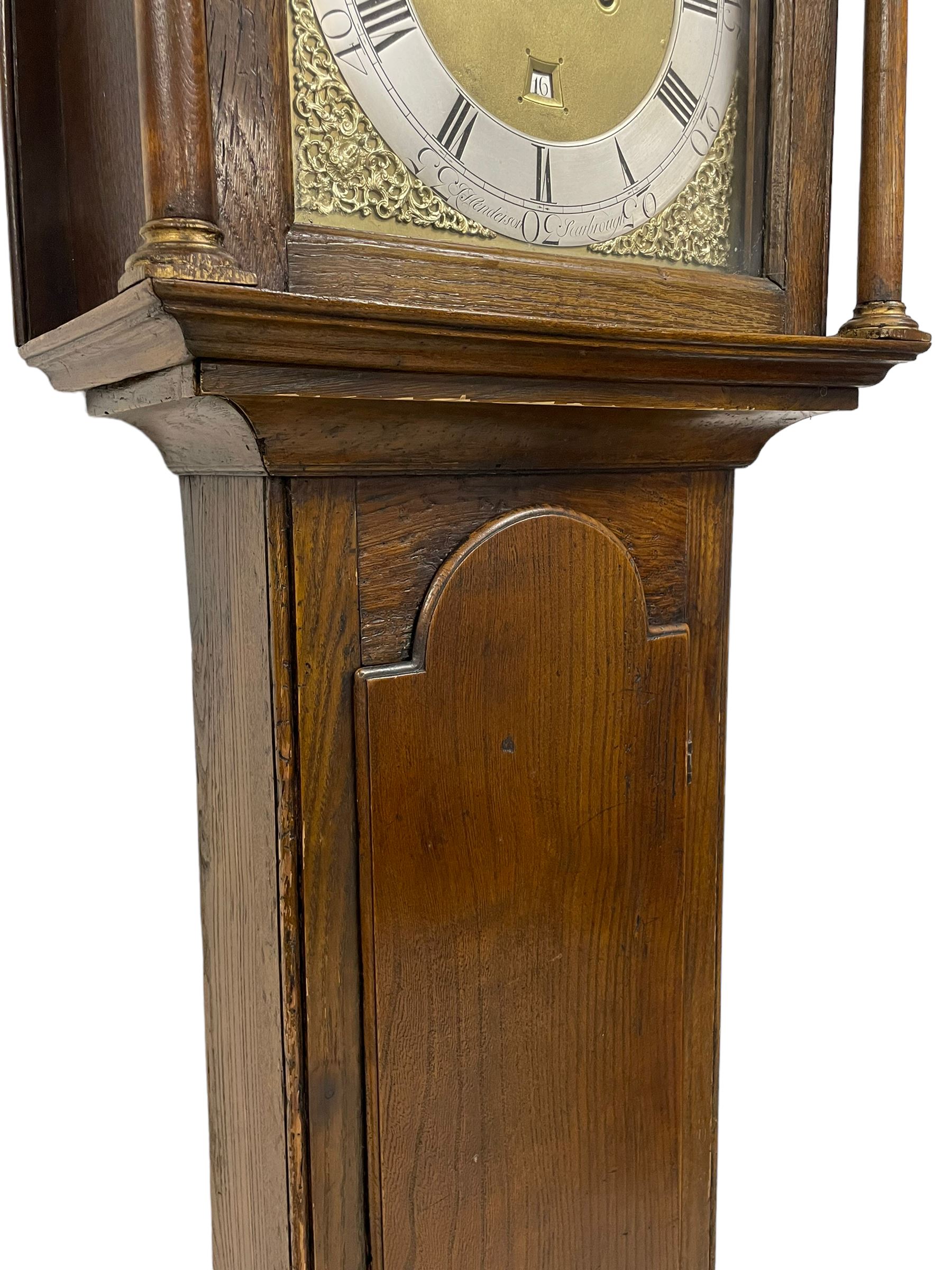 Jeremiah Henderson of Scarborough - 8-day longcase clock in an Elm case c1765,  with a flat top and broad cornice, square hood door flanked by two plain turned pilasters with gesso capitals, long trunk with a conforming door and break arch top, square brass dial with a matted centre, cast spandrels and ringed winding holes, silvered chapter ring with Roman numerals, five minute Arabic's, minute track and finely pierced matching steel hands, dial pinned to a rack striking movement with an anchor escapement. With weights and pendulum. Jeremiah Henderson was the son of Robert Henderson, the first recorded clockmaker in Scarborough. 