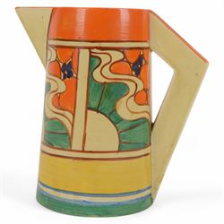 Clarice Cliff, Orange Sunrise pattern, jug circa 1930, of Odilon form, with printed Fantasque mark beneath, H18cm