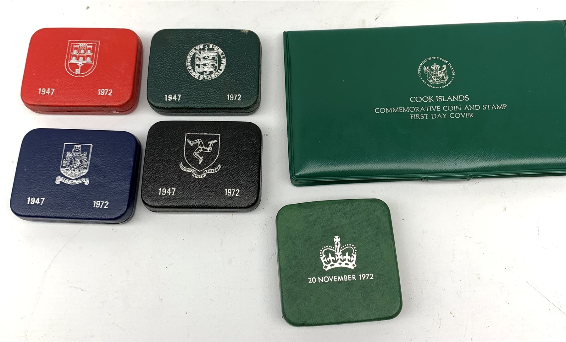  Queen Elizabeth II Cook Islands 1977 five dollars commemorative coin and stamp first day cover and five commemorative Silver Wedding Anniversary coins from various Countries, all being dated 1972, each individually cased (6)  