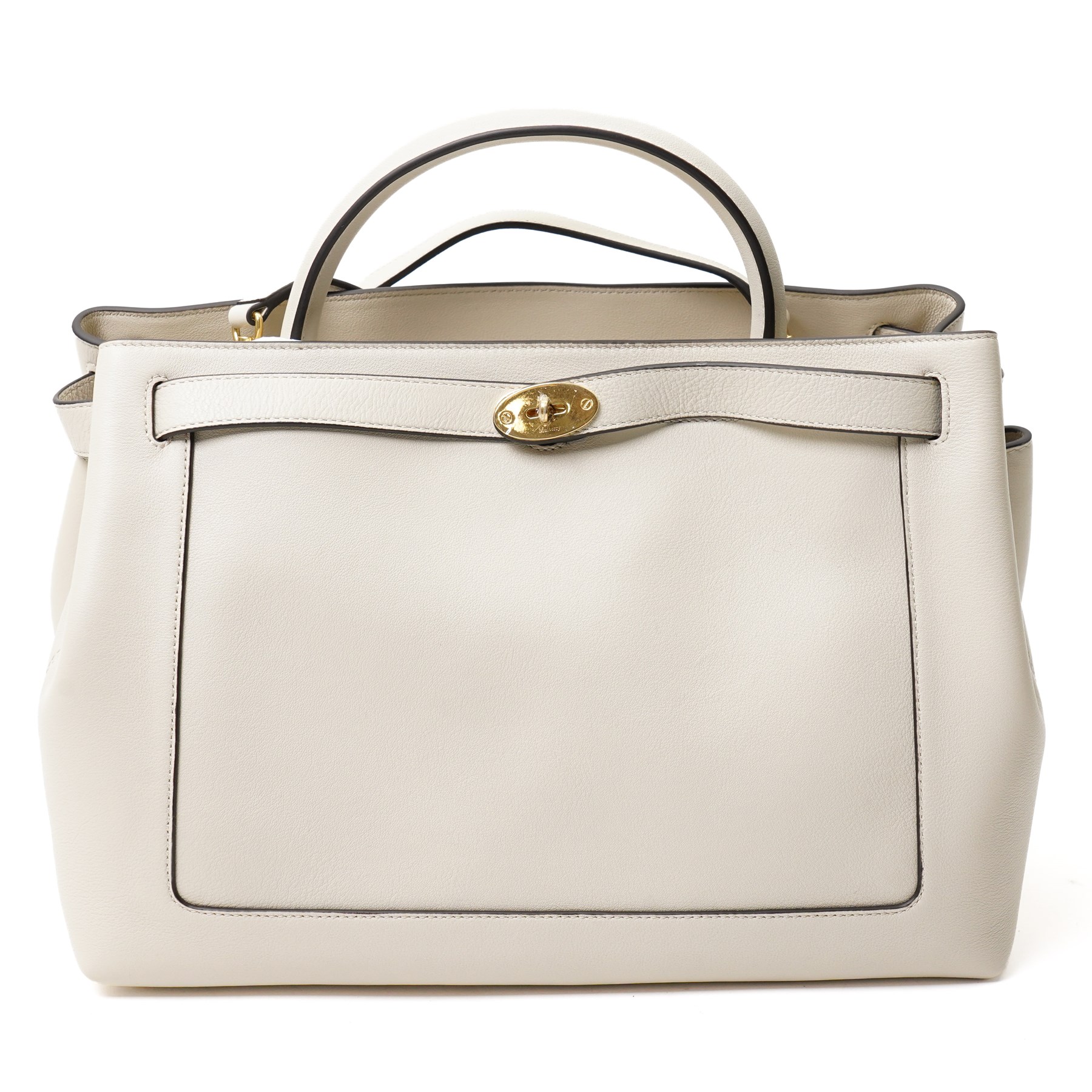 Mulberry - Islington handbag in Chalk Silky Calf leather with black piping, the structured body with single rolled top handle, gold-tone Postman’s Lock fastening and front strap detail, with detachable and adjustable shoulder strap, opening to a spacious two-division interior with Mulberry monogram fabric lining, with original Mulberry product tag, care booklet and dust bag, unused