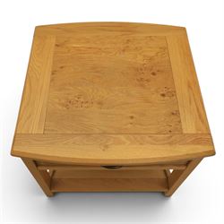 Contemporary light oak nest of two tables, and a contemporary light oak side table, fitted with single drawer