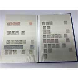 Mostly Great British Queen Victoria stamps, including penny black with black MX cancel, 1840 two pence blue with black cancel, imperf penny reds singles and pairs, perf penny reds stars and plates, various postmarks or cancels, penny reds on pieces or covers, halfpenny 'bantams', other QV issues with some higher values etc, housed in a blue stockbook