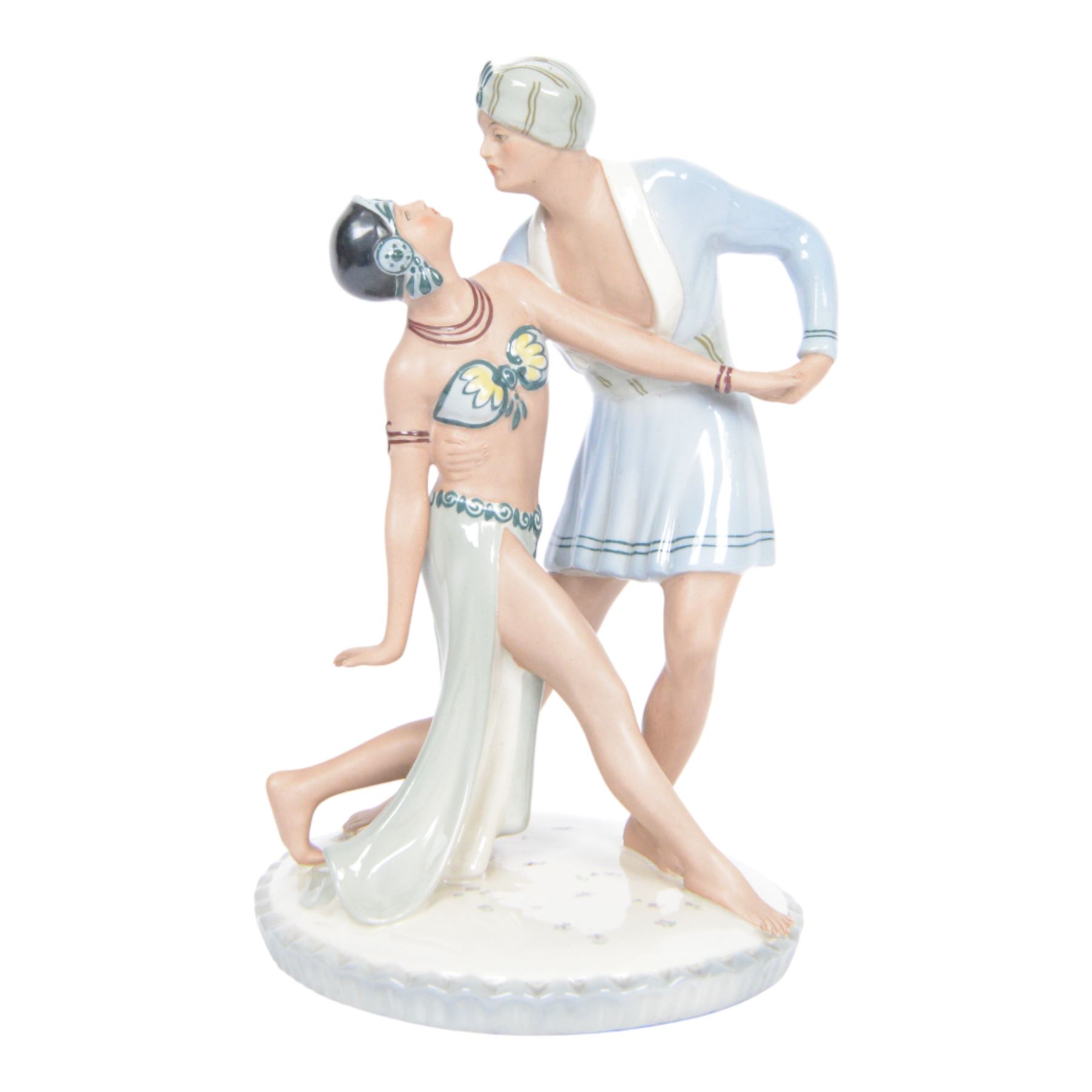 Royal Dux figural group, modelled as two dancers in Arabic dress, possibly Rudolph Valentino and Vilma Banky from The Son of the Sheik, with impressed and printed marks beneath, H30cm