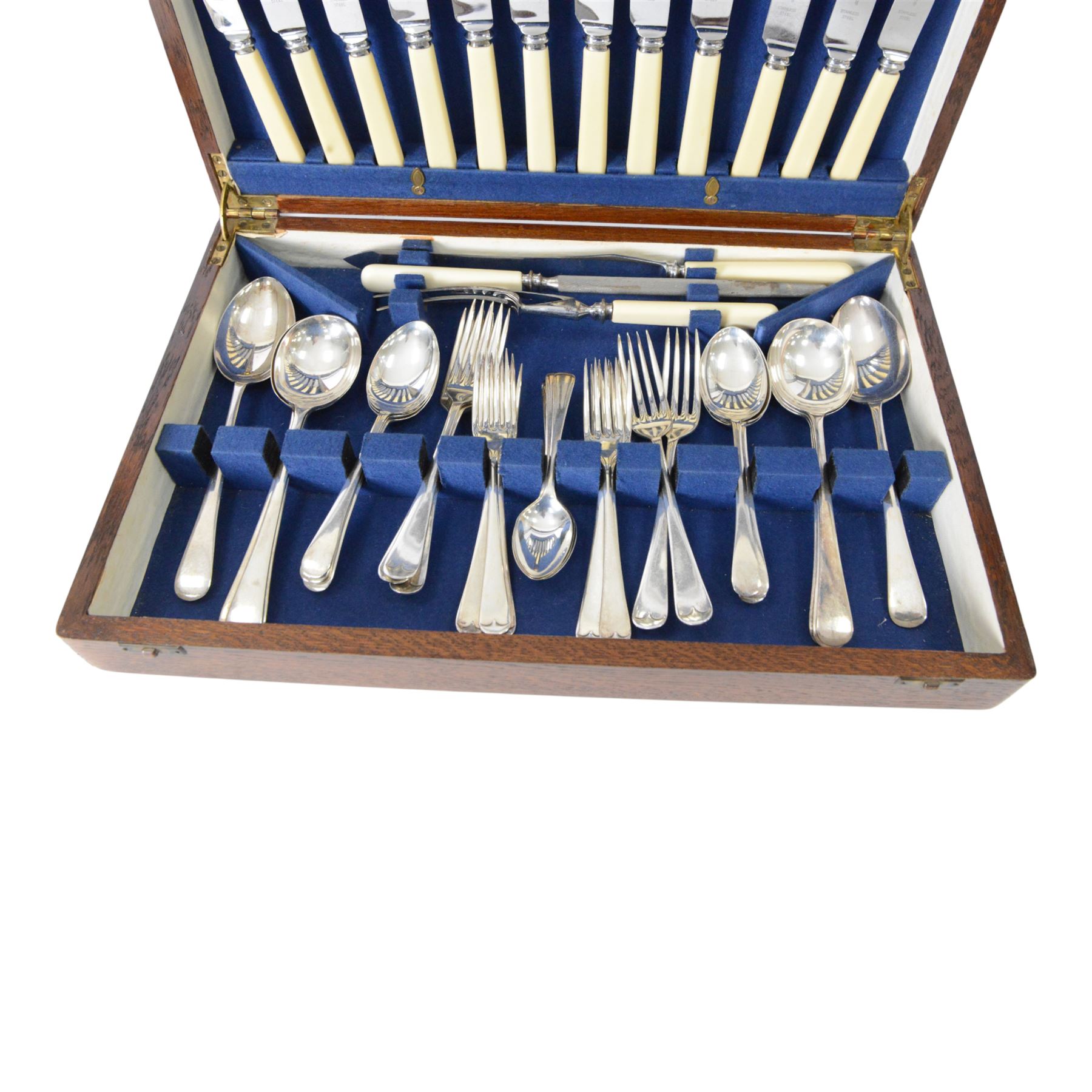 Cased silver plated canteen, tea knives and spoons