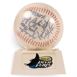 Five signed Rawlings baseballs, comprising Tom Glavine with HOF 2014 inscription, Mike Piazza, Sandy Koufax, Tom Seaver with HOF '92 inscription and Nolan Ryan with HOF '99 inscription, together with a signed Tampa Bay Devil Rays baseball, with acrylic cases and certificates of authenticity (6)