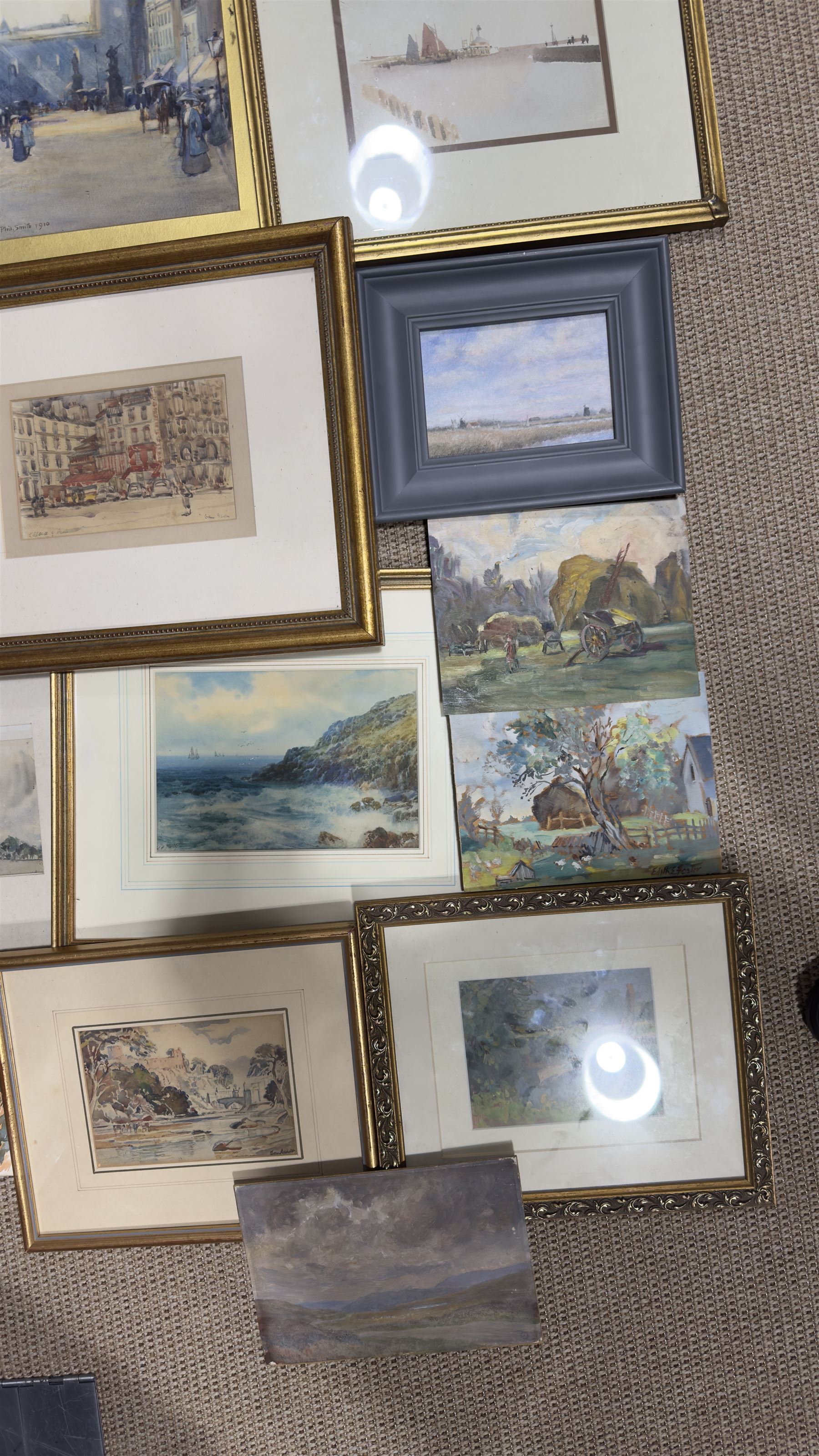 Collection of mostly watercolours, variously signed, artists to include Tom Anderton, Walter Henry Sweet, James Robertson Miller, Percy Hipkiss, J B Donaldson, Phil Smith and others indistinctly signed, contents in one box 