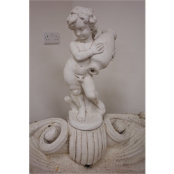  Painted composite stone fountain, comprising of small boy holding urn above shell basin on classical style column. W80cm, H160cm, D63cm  