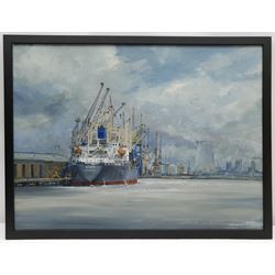 A E Gray (British mid/late 20th century): 'Discharging at Hull Docks', oil on board signed, titled on label verso 45cm x 60cm