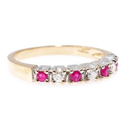 9ct gold ruby and diamond seven stone half eternity ring, alternate set with round brilliant cut diamonds and rubies, hallmarked, total diamond weight 0.15 carat