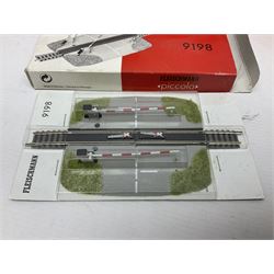 Fleischmann 'N' gauge - four-car set with double pantograph locomotive, dummy and two double decker coaches; No.825201 'Piccolo' three-piece wagon set; No.9198 'Piccolo' level crossing; No.9171 'Piccolo' points; and  No.KN35 Girder Bridge; all boxed