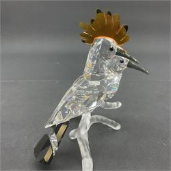 Four Swarovski Crystal bird figures, comprising Cockatoo, pair of Hoopoes on a branch, four Lovebirds on a branch and four Hummingbirds on a branch, largest H10cm