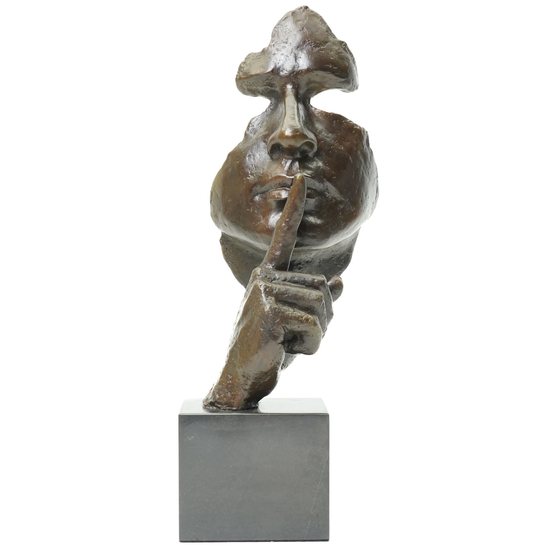 After Salvador Dali (Spanish 1904-1989) 'Serenity'- bronze figure with finger held to mouth, on black marble plinth H47cm